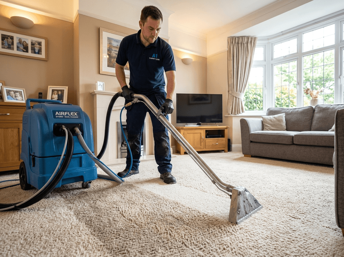 Professional carpet cleaning in progress