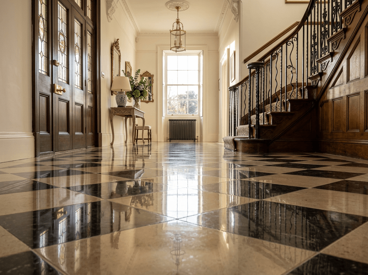 Restored Victorian tiled hallway floor, polished to a high shine
