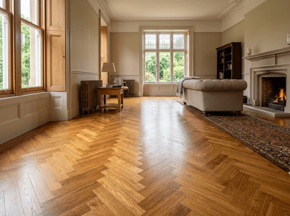 Refinished herringbone parquet wood floor