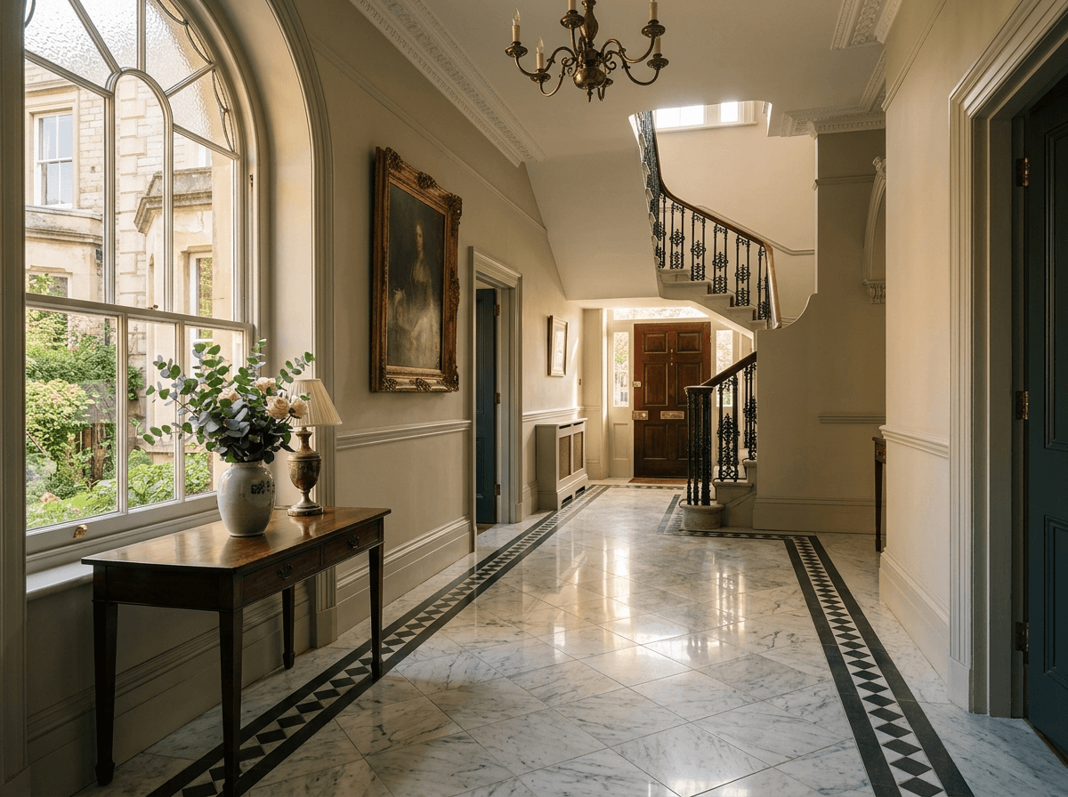 Polished natural stone and marble hallway floor